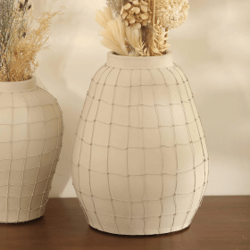 Leianna Handmade Off White Large Terracotta Vase with Wireframe Contemporary Design, Handmade-11.5X11.5X15.5"