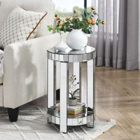 Mirror round table with crystal inlay, 2-layer modern small sofa table with storage space, silver decorative table suitable for living room, bedr