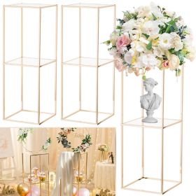 2 Pack 31.5 Inch Golden Flower Stand with 2-Layer Acrylic Pane Metal Flower Display Rack Tables Centerpieces Floor Geometric Column Vases for T-S