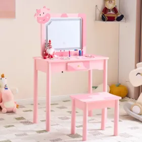 Pink MDF + Solid Wood Legs, Spray Paint + Silkscreen Printing, Cow Pattern, 1-drawer Children's Dressing Table Set, LED Three-color Backlit Touch (Option: Defaulttitle)