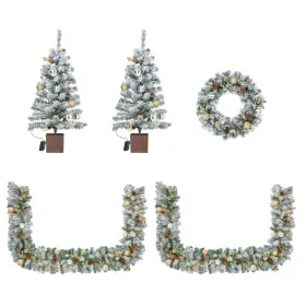 Pre-lit Holiday Christmas 4-Piece Set, Christmas Garland, Wreath And Set Of 2 Entrance Trees With Warm White LED Lights And Remote Control, Artif (Option: Defaulttitle)