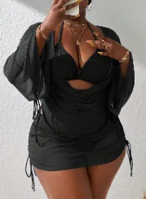 Women's Plus Size Sexy 4 Piece Swimsuits Halter Bikini Sets With Drawstring Long Sleeve Cover Up Bathing (Option: 3xl)